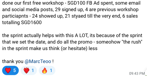 Client message showing SGD100 of ads turning into 6 sales totalling SGD1,600